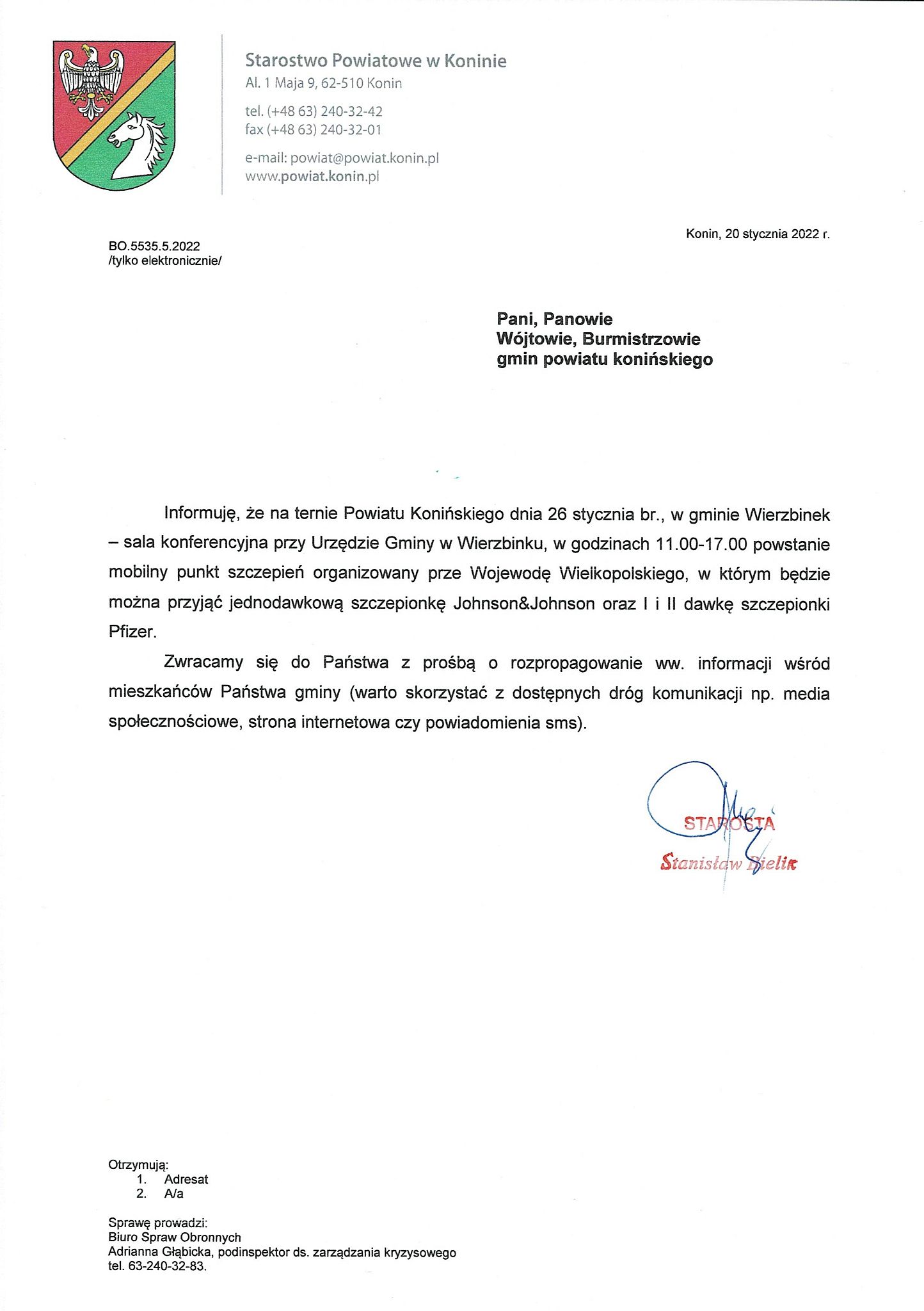 Mobilny punkt szczepień w Wierzbinku - 26.01.2022 r. - plakat