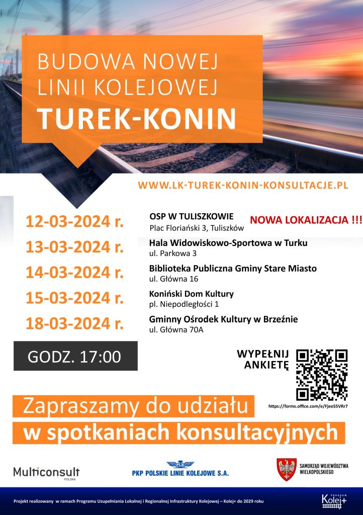 Konsultacje społeczne dot. projektu nowej linii kolejowej Turek-Konin - plakat