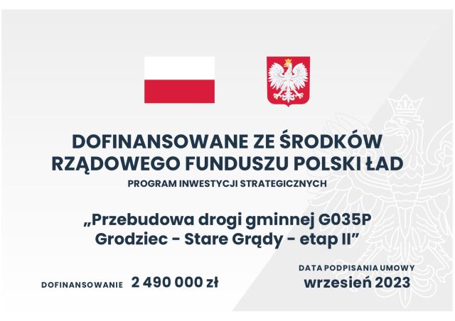 Tablica droga PŁ  Przebudowa drogi gminnej G035P Grodziec - Stare Grądy ETAP II
