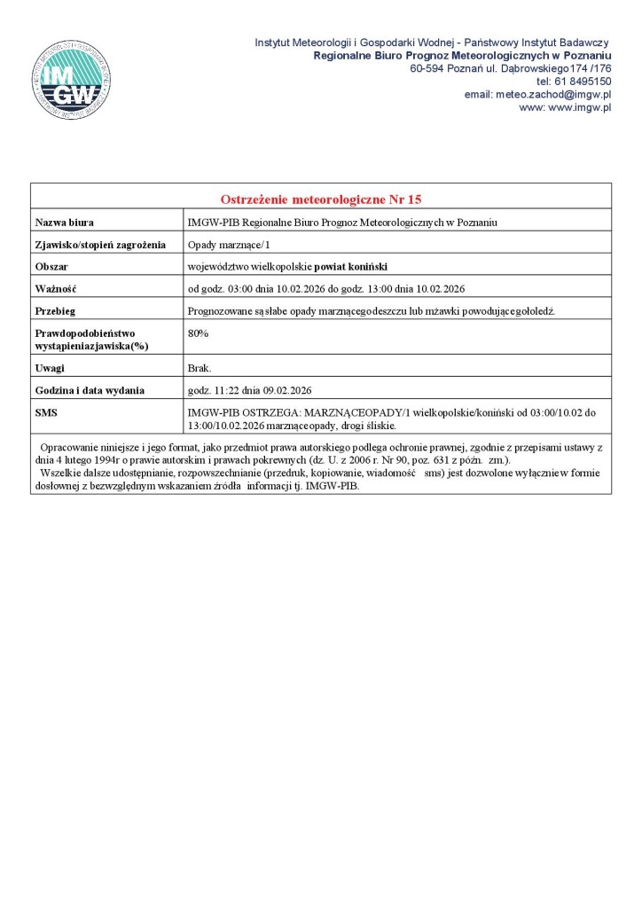 Ostrzeżenie meteorologiczne - 09.02.2026 - plakat