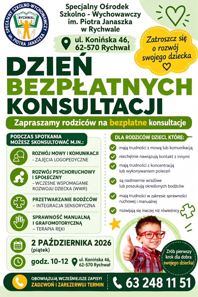 Bezpłatne konsulatcje w SOSW Rychwał - plakat